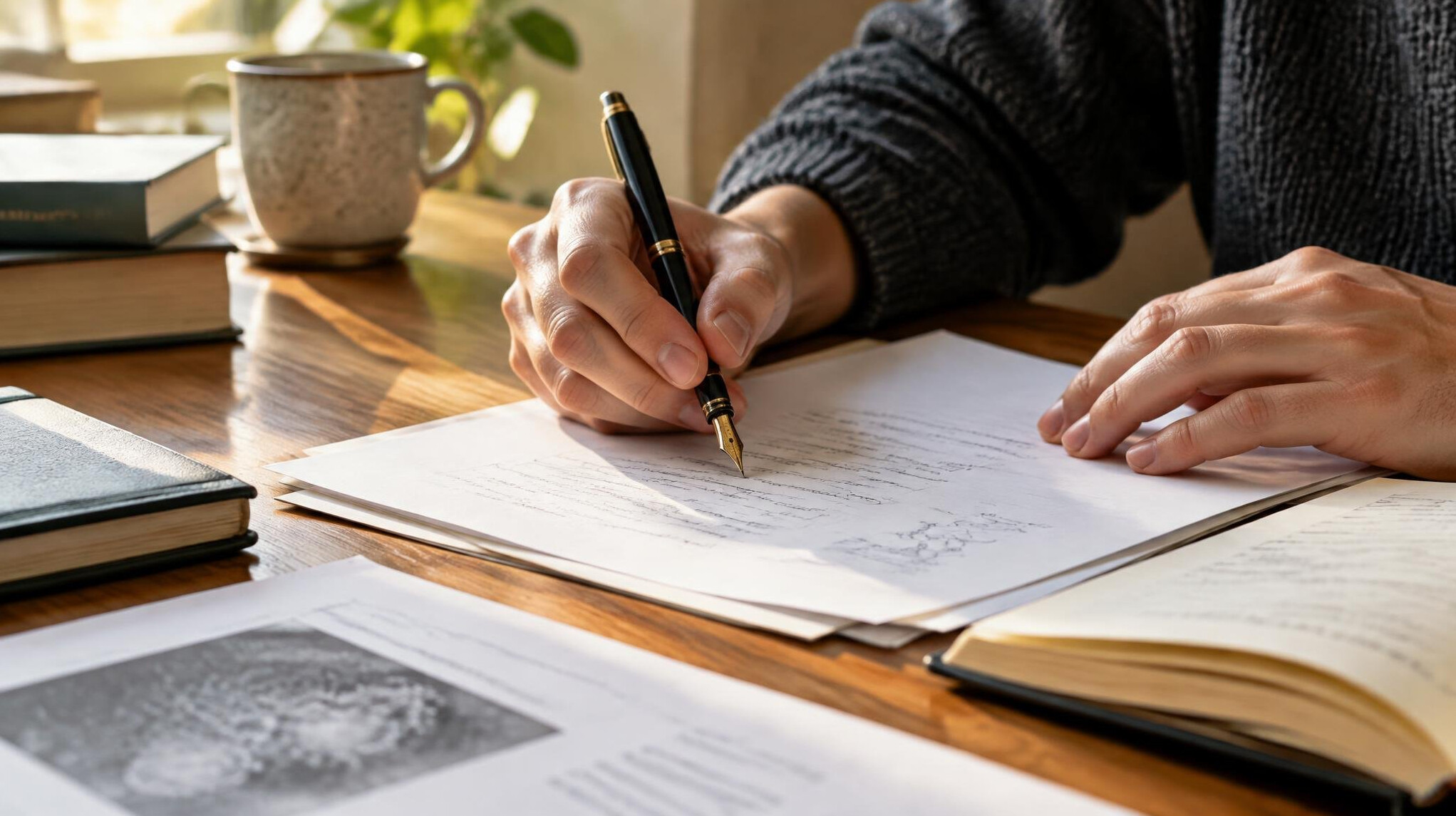 Hands writing notes with a pen on paper documents